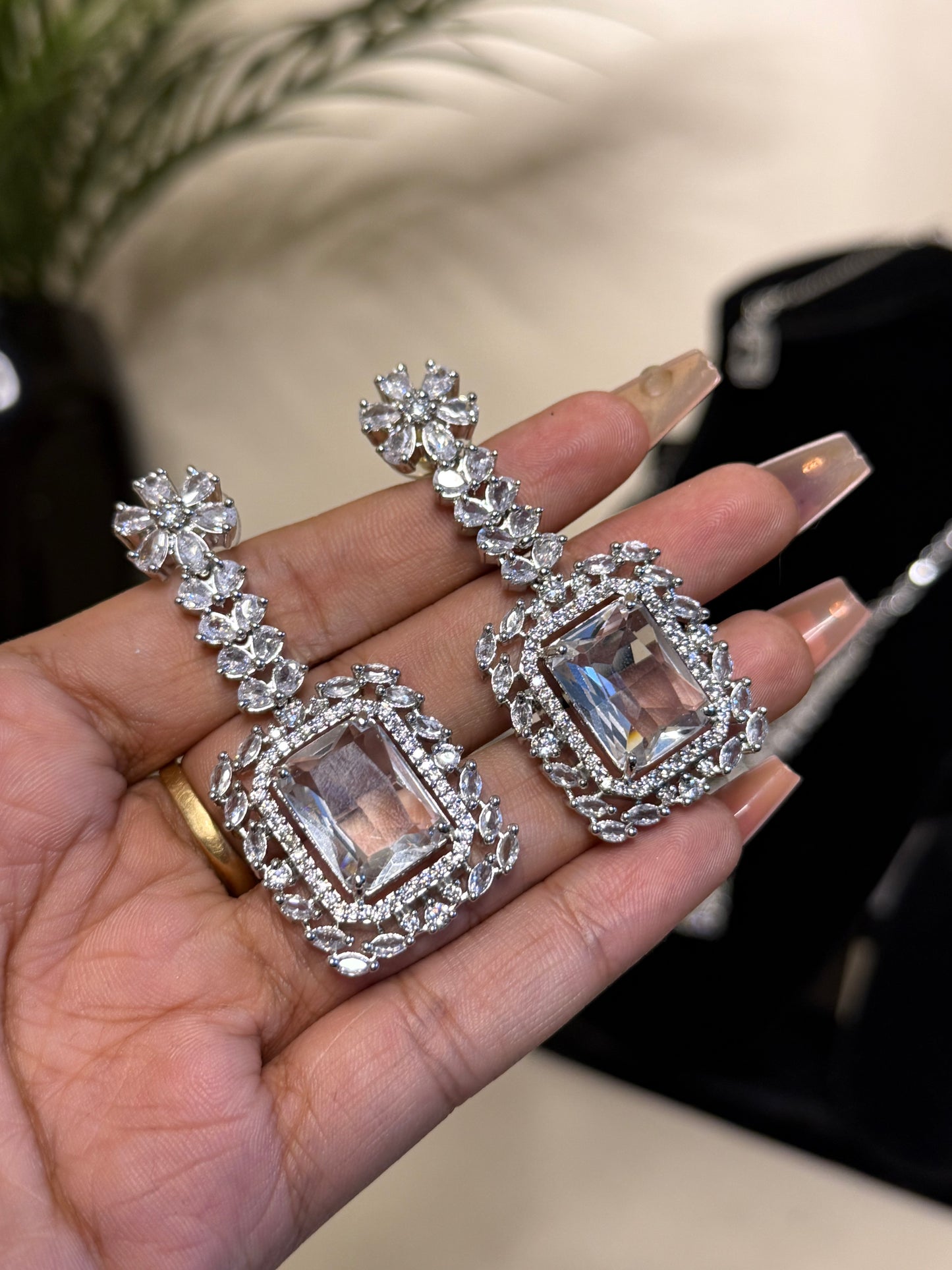 Selina AD Necklace + Earrings (Silver) (FLAT 50% OFF RIGHT NOW)