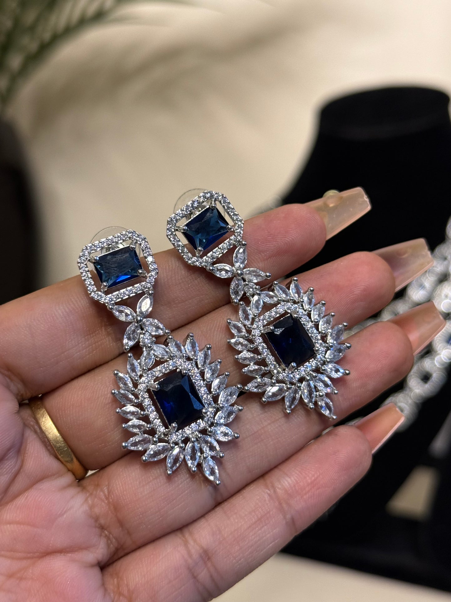 Triple Layer Rani AD Necklace + Earrings (Deep Blue) (FLAT 50% OFF RIGHT NOW)
