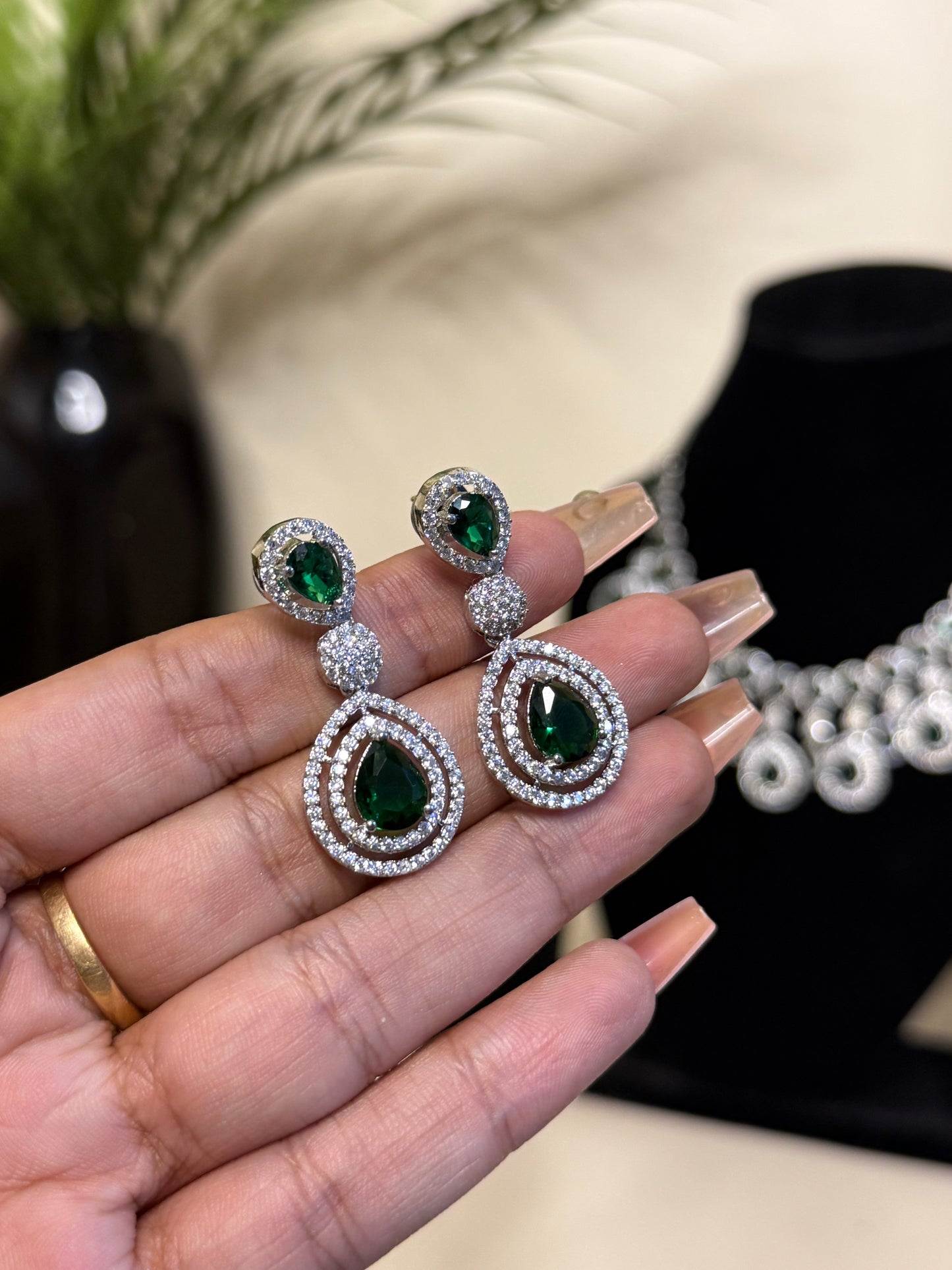 Lara AD Necklace + Earrings (Emerald Green) (FLAT 50% OFF RIGHT NOW)