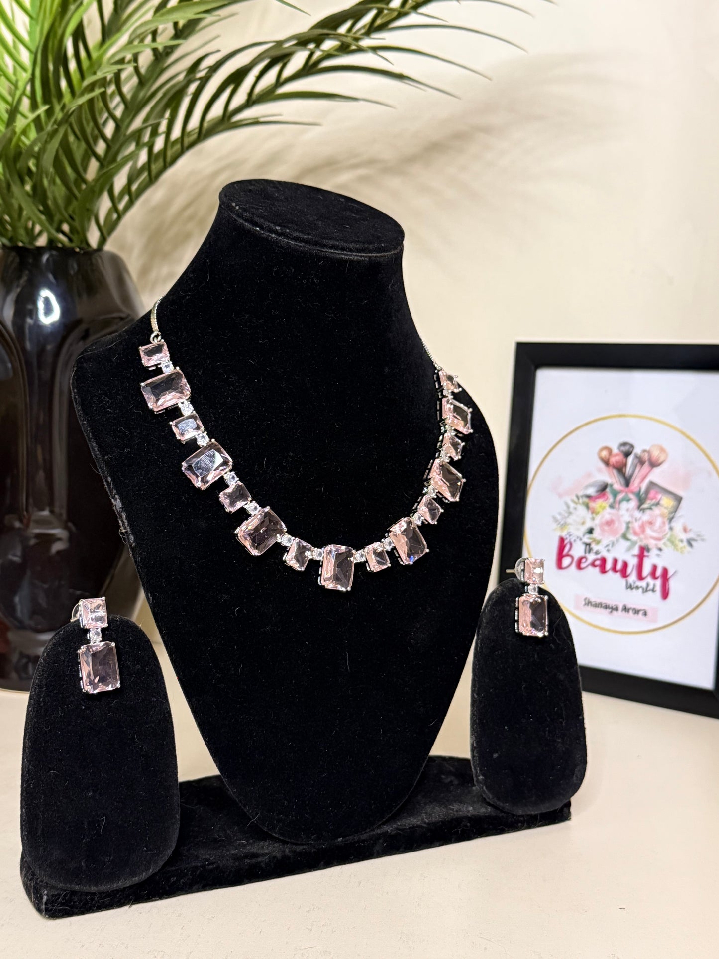 Alia Baby Pink AD Necklace + Earrings (FLAT 50% OFF RIGHT NOW)