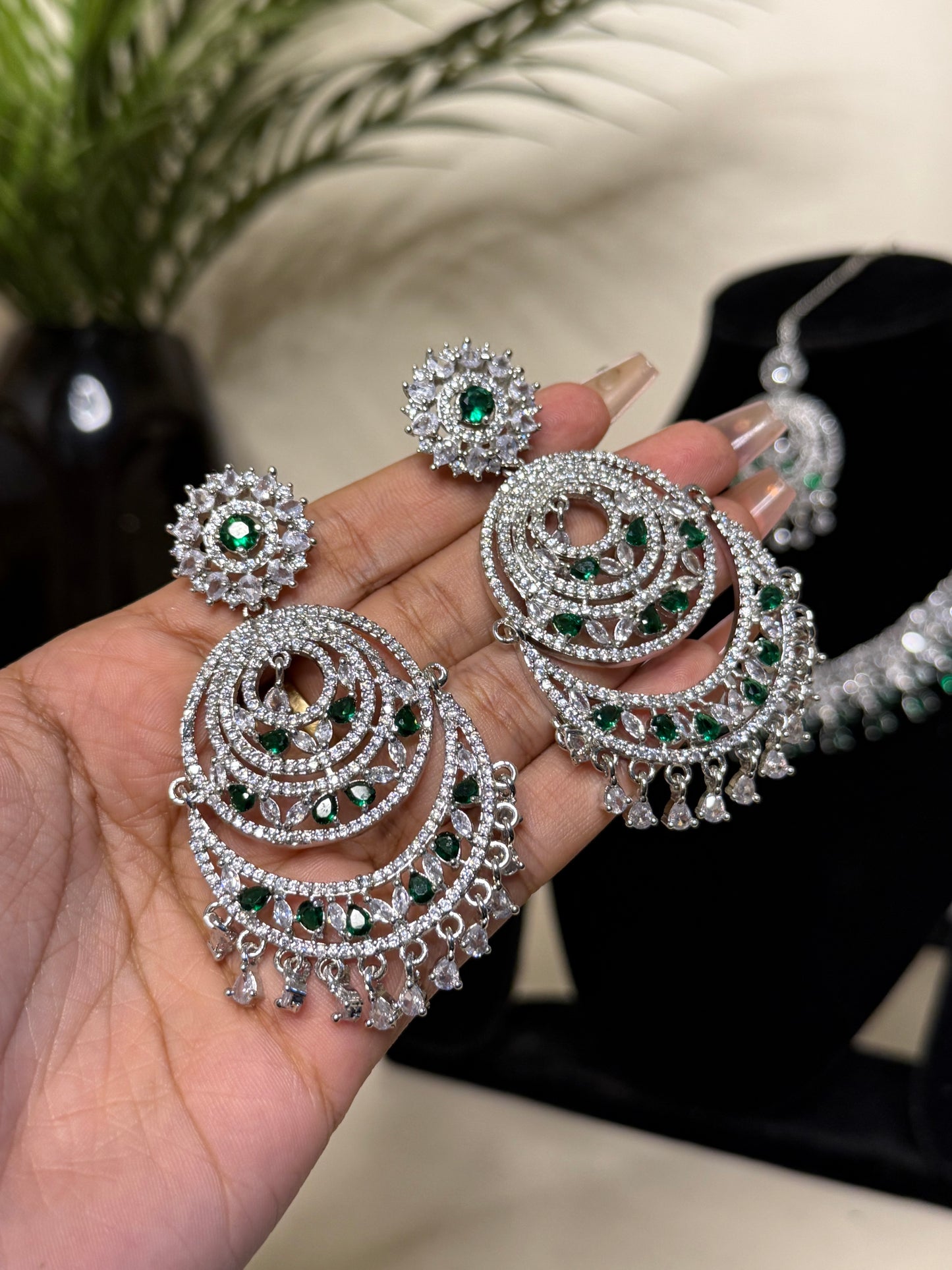 Layla AD Necklace + Earrings (Emerald Green) (FLAT 50% OFF RIGHT NOW)