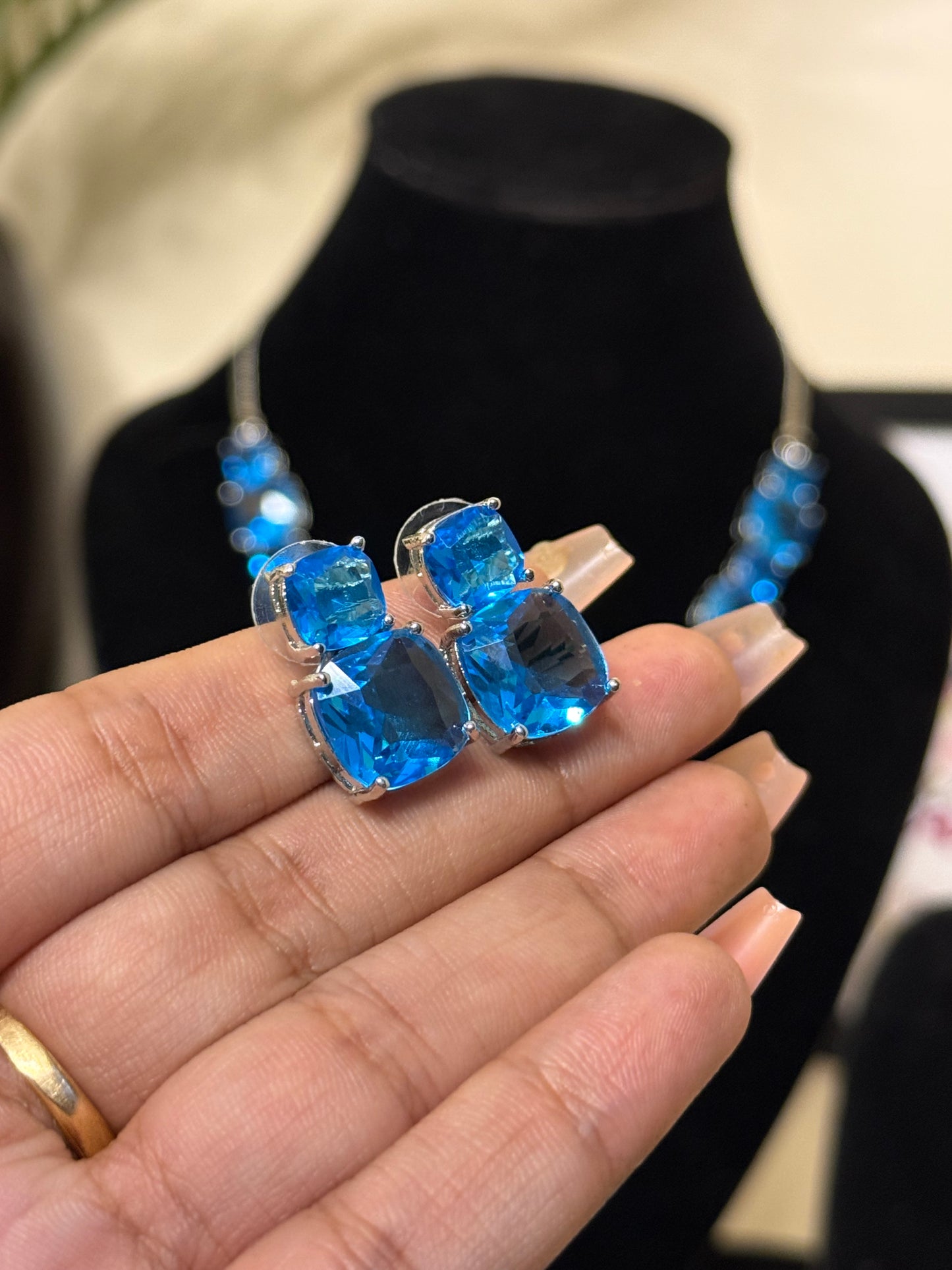 Zoya AD Necklace + Earrings (Blue) (FLAT 50% OFF RIGHT NOW)