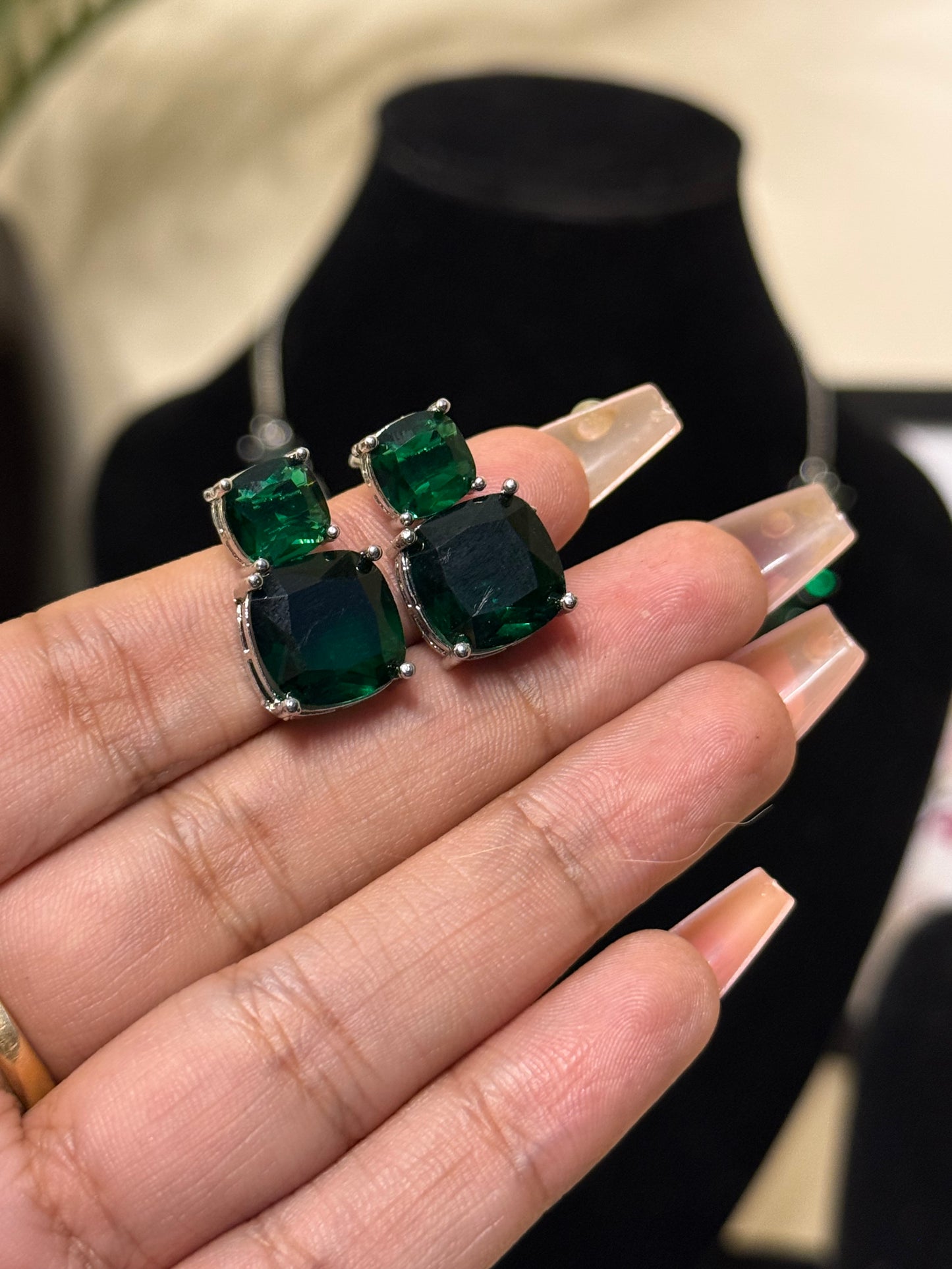 Zoya AD Necklace + Earrings (Emerald Green) (FLAT 50% OFF RIGHT NOW)