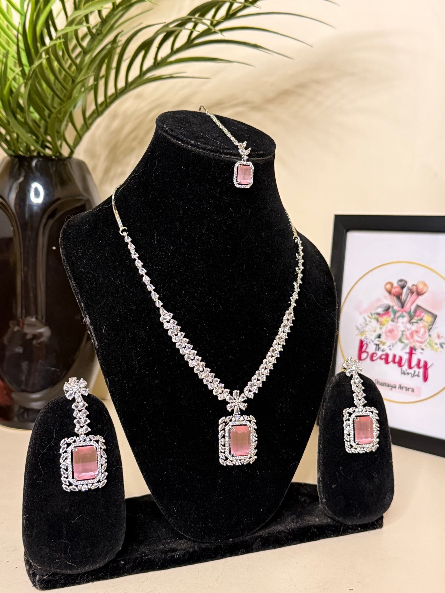 Selina AD Necklace + Earrings (Pink) (FLAT 50% OFF RIGHT NOW)