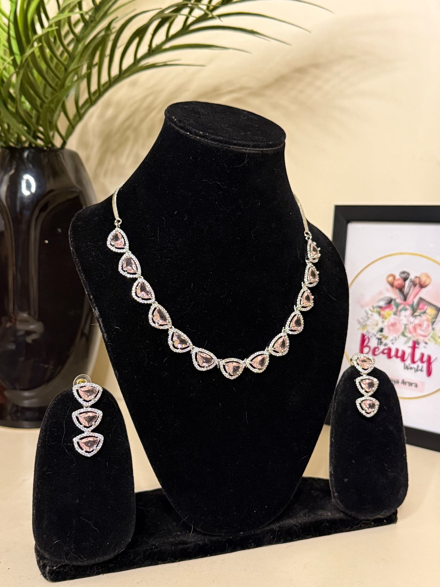 Samaira AD Necklace + Earrings (Baby Pink) (FLAT 50% OFF RIGHT NOW)