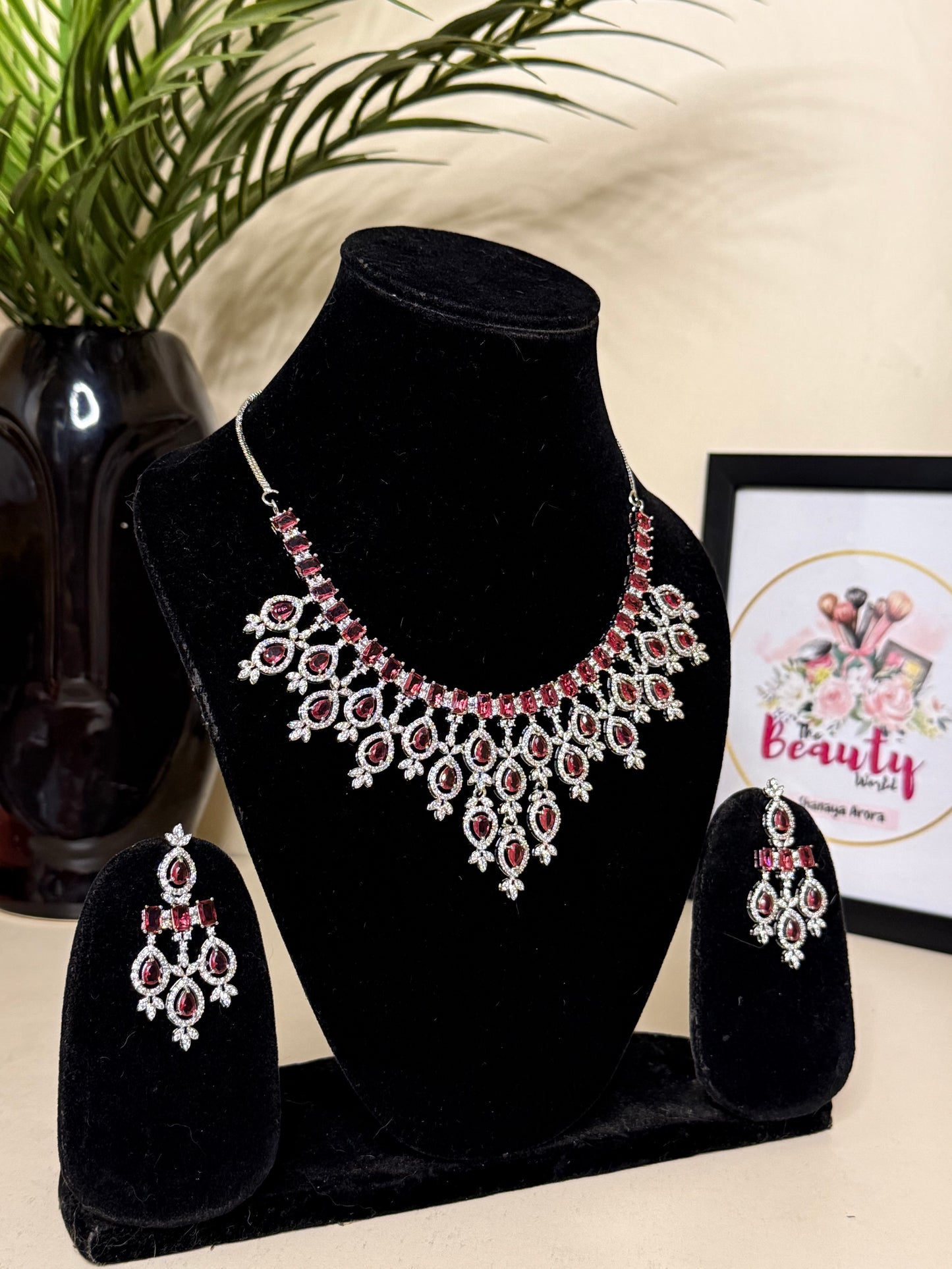 Kiara AD Necklace + Earrings (Ruby) (FLAT 50% OFF RIGHT NOW)