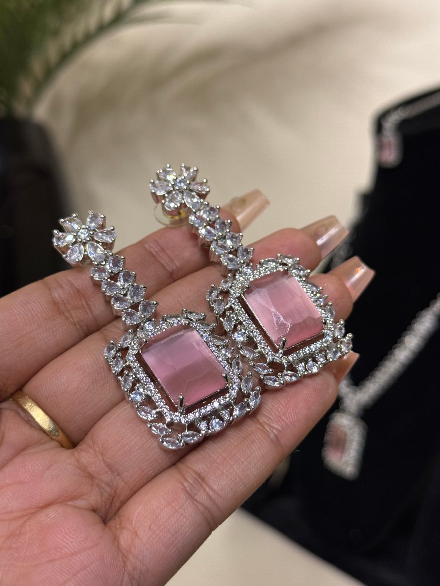 Selina AD Necklace + Earrings (Pink) (FLAT 50% OFF RIGHT NOW)