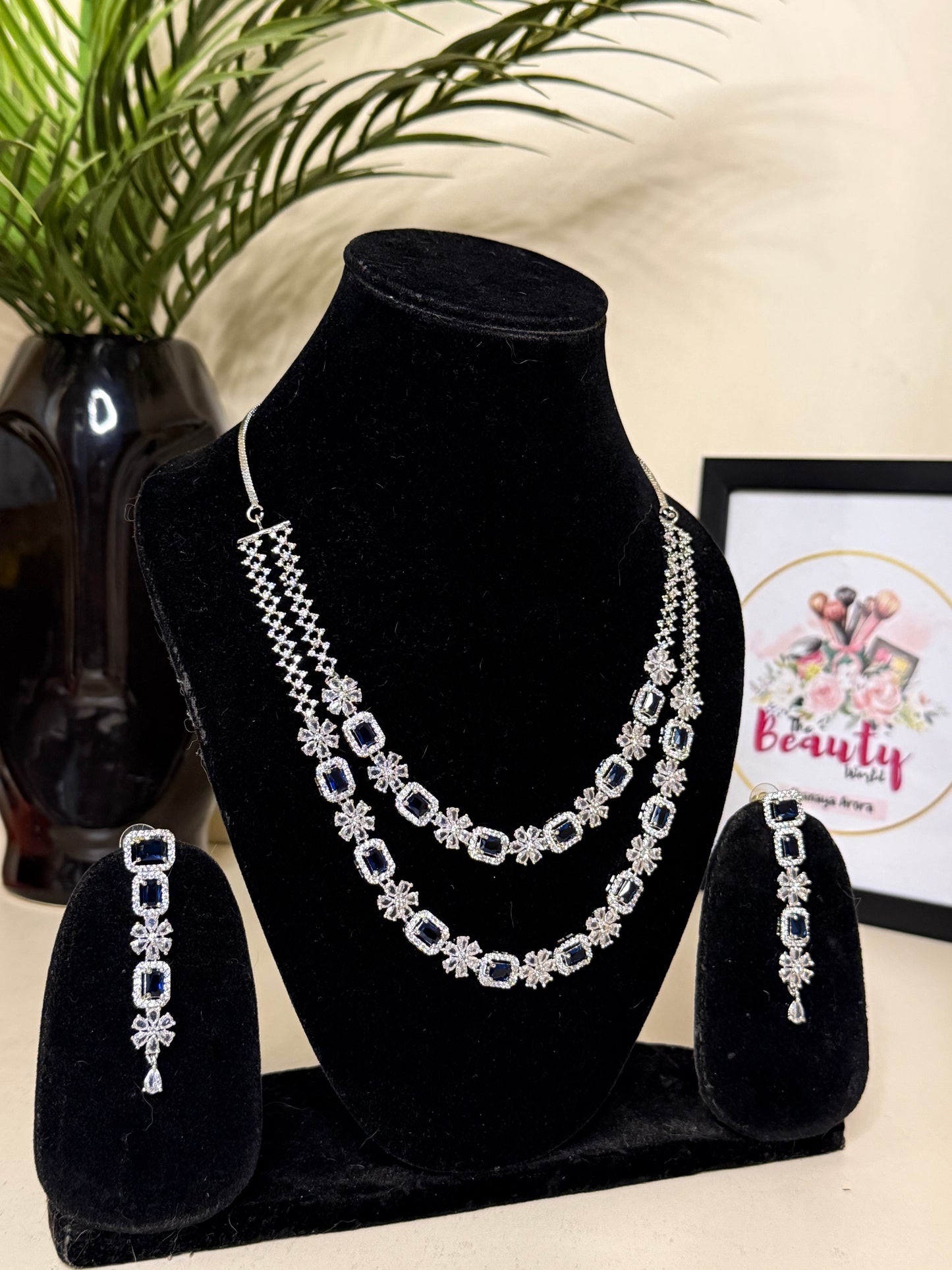 Double Layer AD Necklace + Earrings (Deep blue ) (FLAT 50% OFF RIGHT NOW)