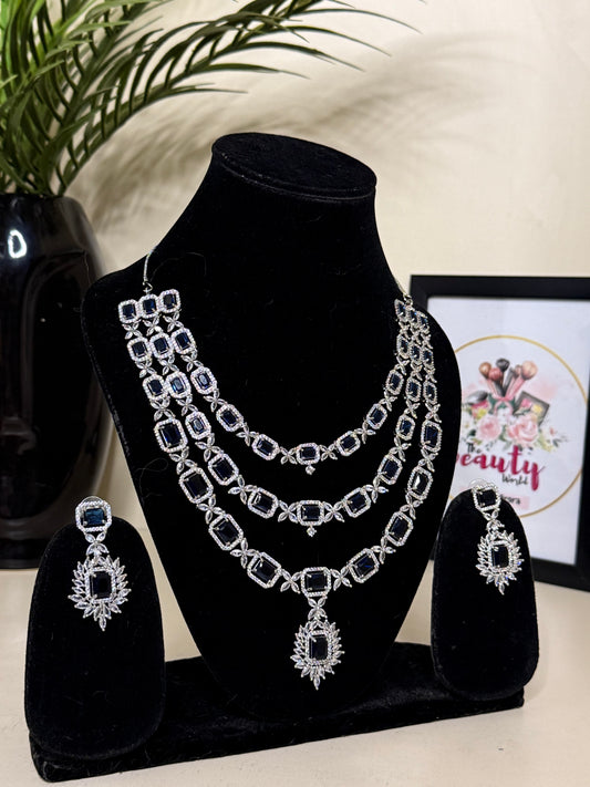 Triple Layer Rani AD Necklace + Earrings (Deep Blue) (FLAT 50% OFF RIGHT NOW)