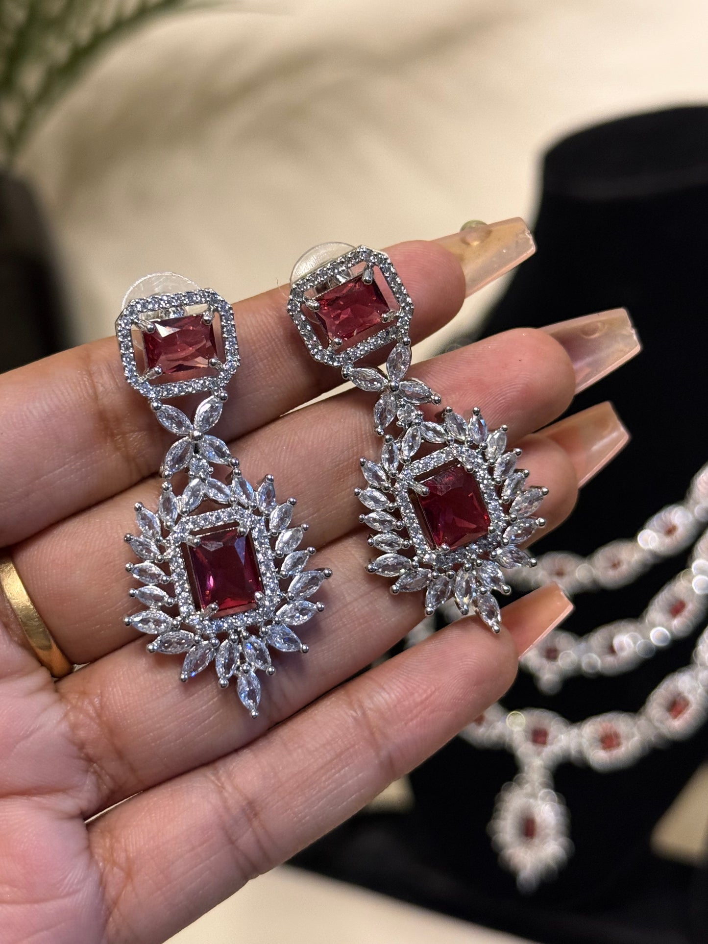 Triple Layer Rani AD Necklace + Earrings (Ruby) (FLAT 50% OFF RIGHT NOW)
