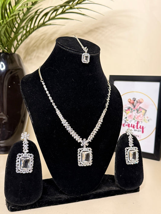 Selina AD Necklace + Earrings (Silver) (FLAT 50% OFF RIGHT NOW)