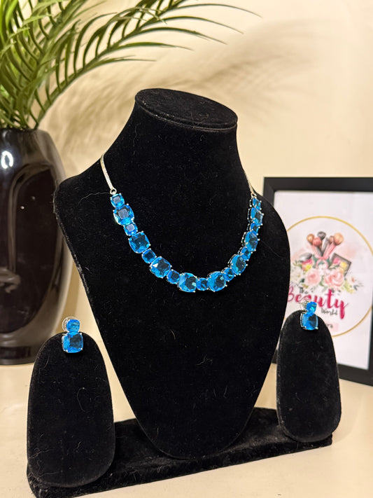Zoya AD Necklace + Earrings (Blue) (FLAT 50% OFF RIGHT NOW)