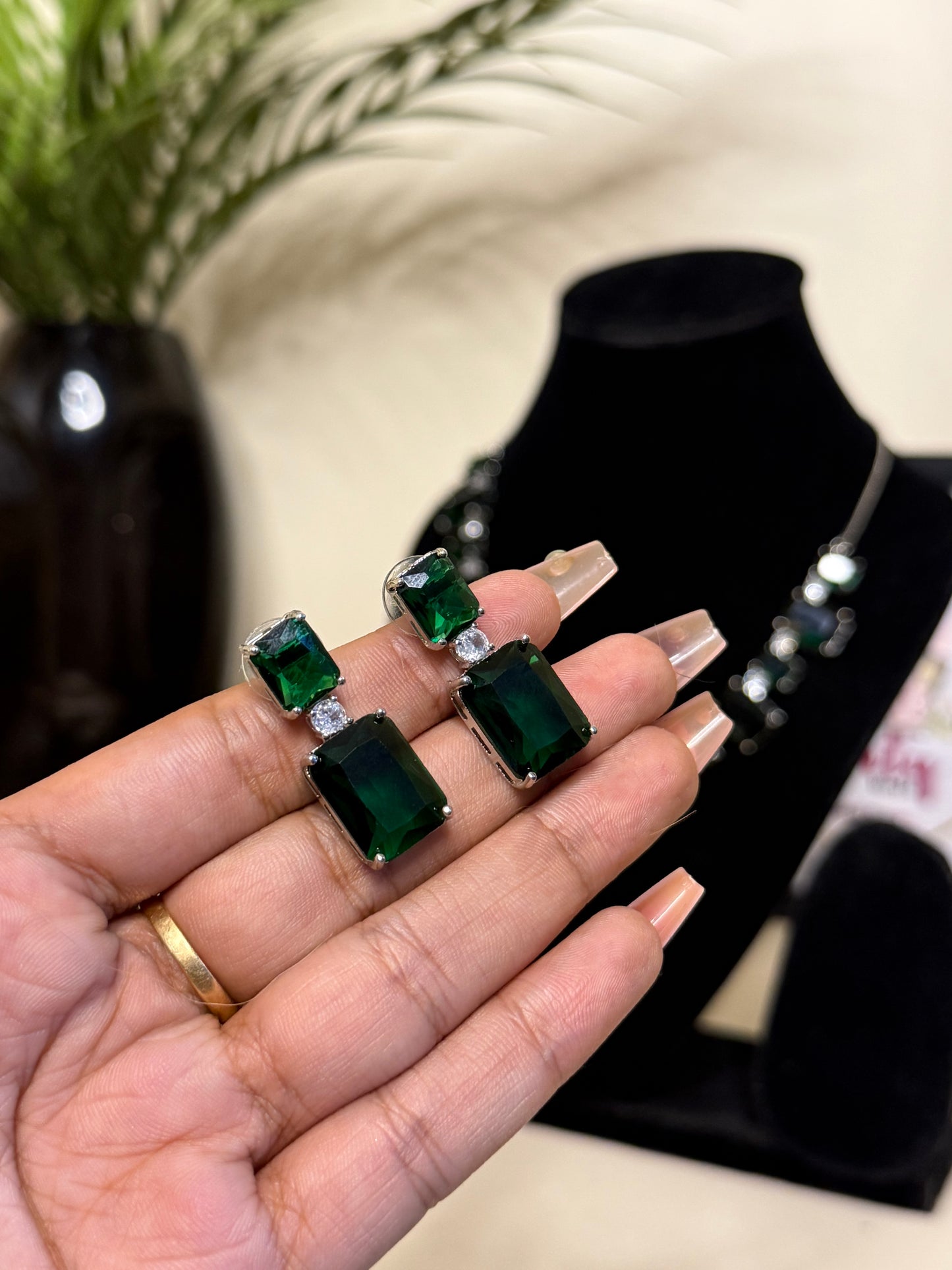 Alia Necklace + Earrings (Emerald Green) (FLAT 50% OFF RIGHT NOW)