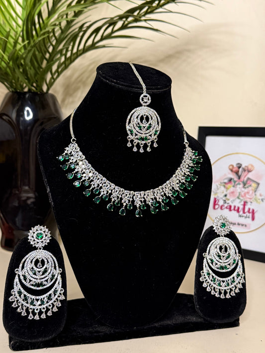 Layla AD Necklace + Earrings (Emerald Green) (FLAT 50% OFF RIGHT NOW)