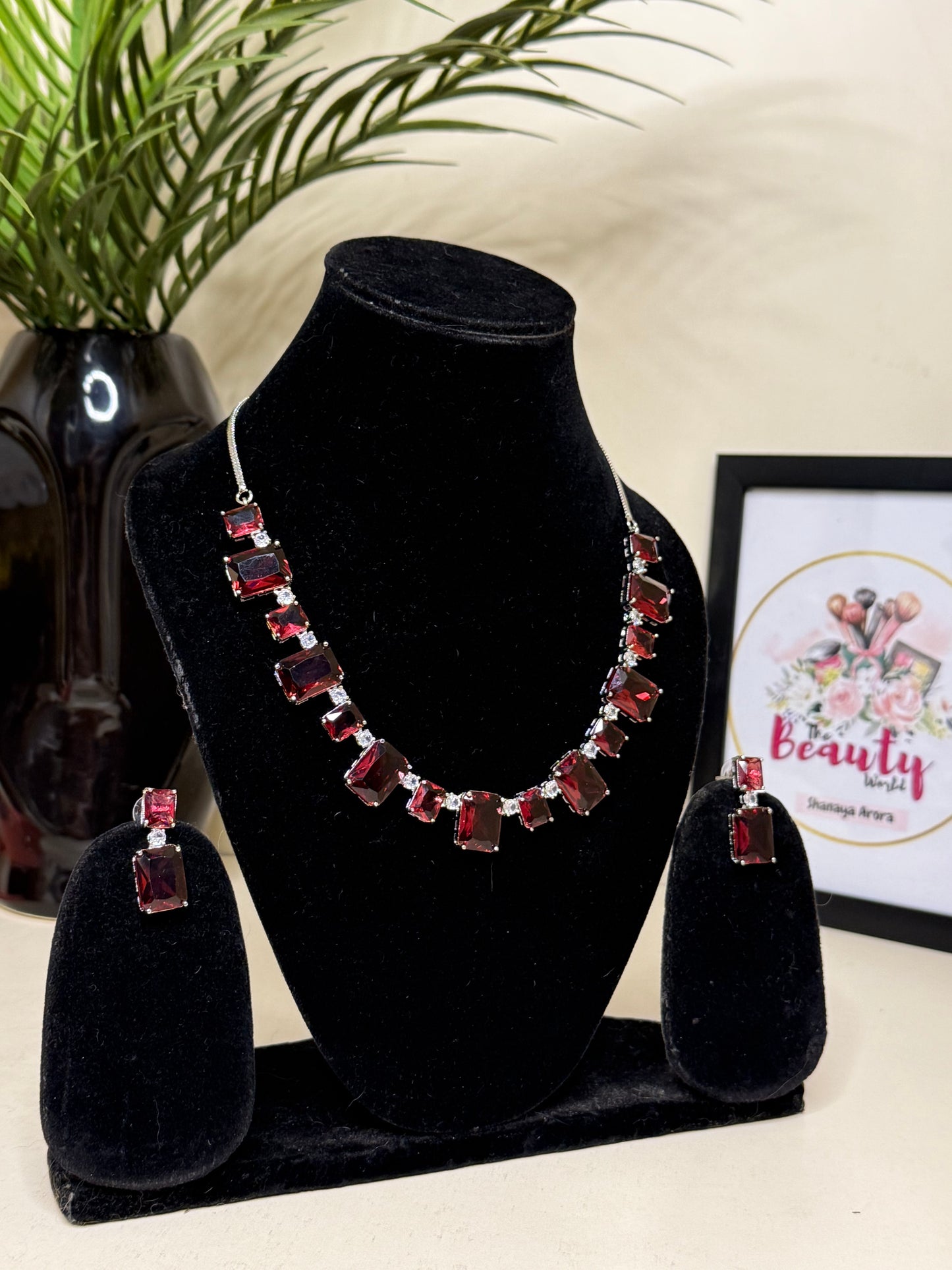 Alia AD Necklace + Earrings (Ruby) (FLAT 50% OFF RIGHT NOW)