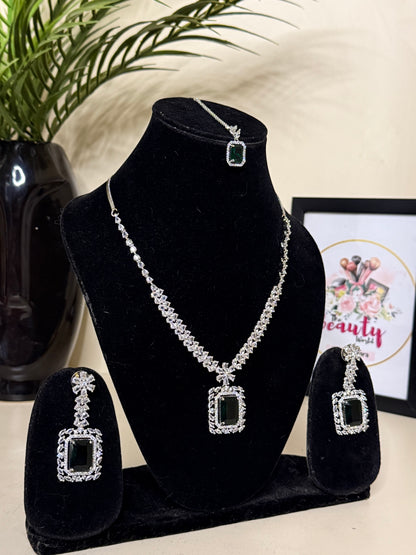 Selina AD Necklace + Earrings (Emerald Green) (FLAT 50% OFF RIGHT NOW)