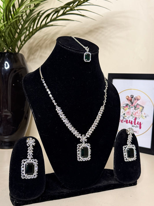 Selina AD Necklace + Earrings (Emerald Green) (FLAT 50% OFF RIGHT NOW)