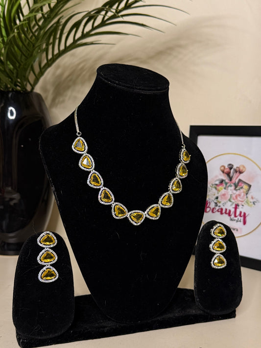 Samaira AD Necklace + Earrings (Yellow) (FLAT 50% OFF RIGHT NOW)