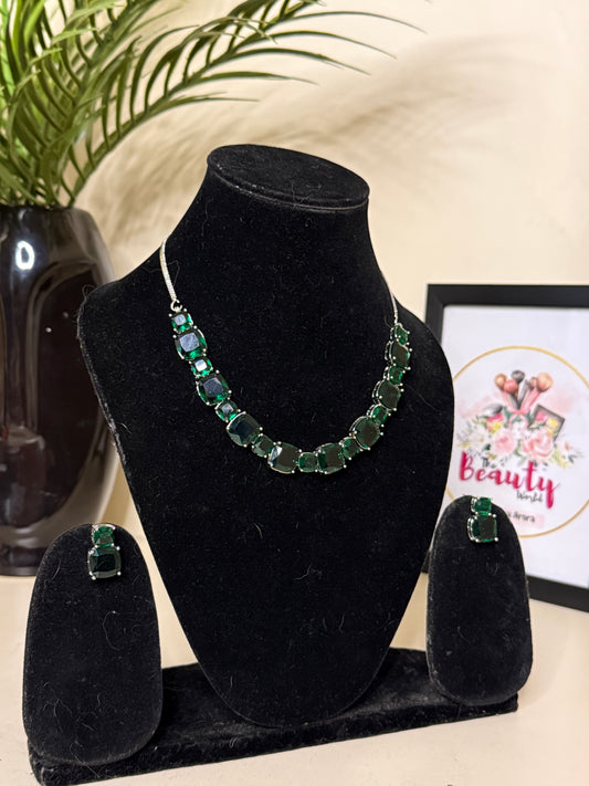 Zoya AD Necklace + Earrings (Emerald Green) (FLAT 50% OFF RIGHT NOW)