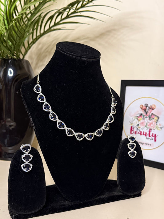 Samaira AD Necklace + Earrings (Deep Blue) (FLAT 50% OFF RIGHT NOW)