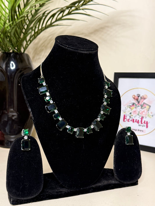 Alia Necklace + Earrings (Emerald Green) (FLAT 50% OFF RIGHT NOW)