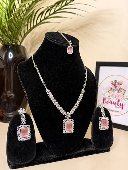 Selina AD Necklace + Earrings (Pink) (FLAT 50% OFF RIGHT NOW)