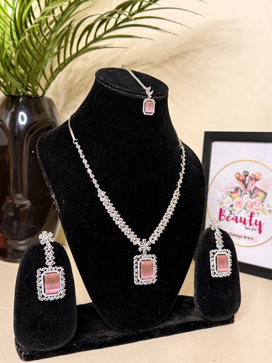 Selina AD Necklace + Earrings (Pink) (FLAT 50% OFF RIGHT NOW)