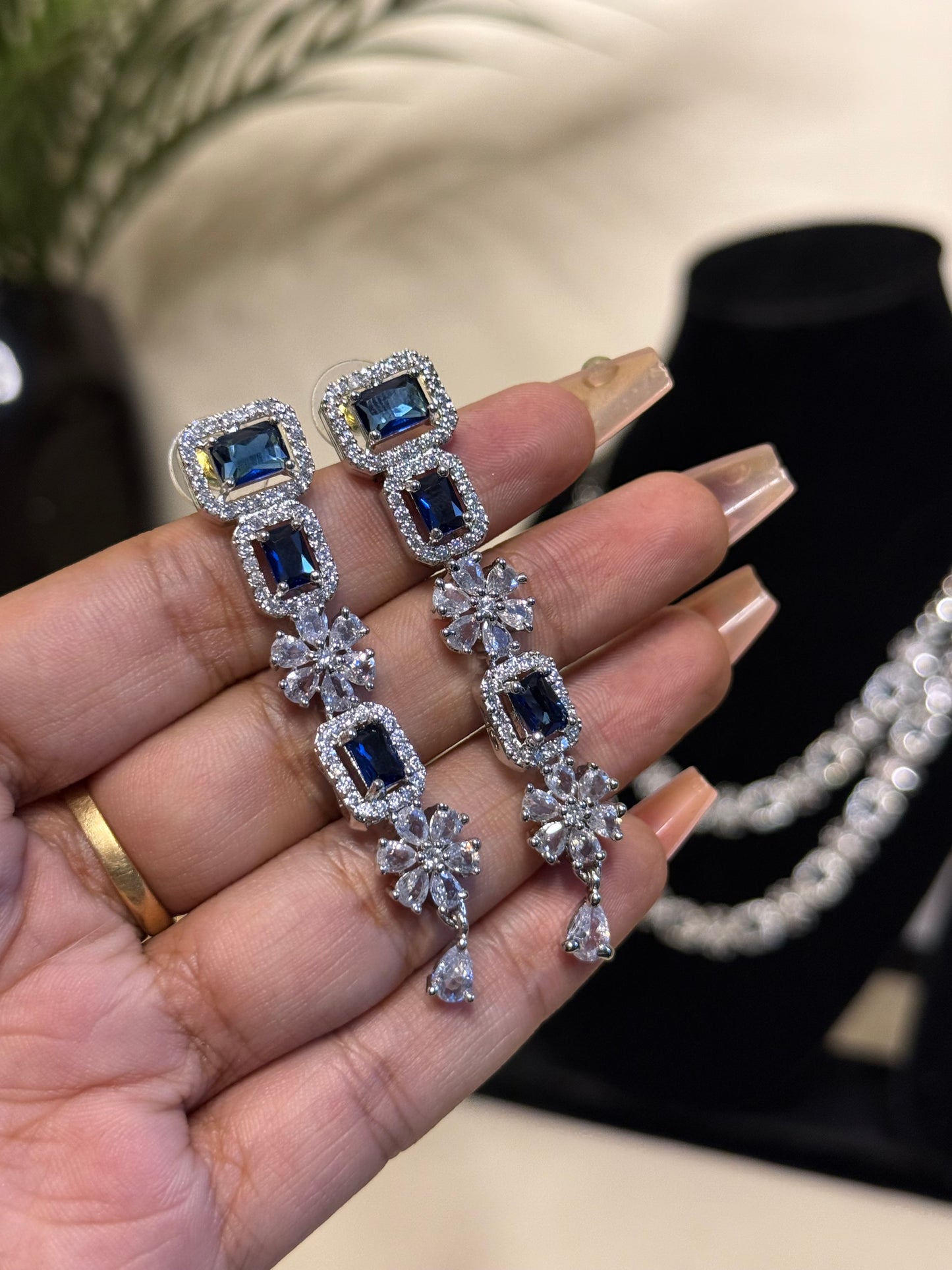 Double Layer AD Necklace + Earrings (Deep blue ) (FLAT 50% OFF RIGHT NOW)