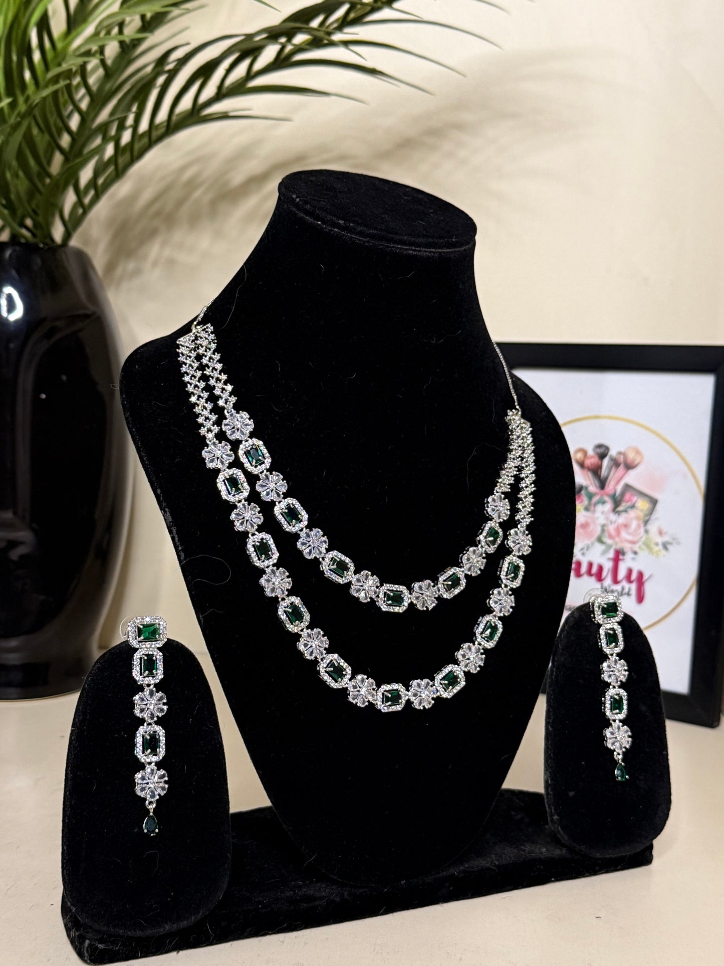 Double Layer AD Necklace + Earrings (Emerald Green) (FLAT 50% OFF RIGHT NOW)