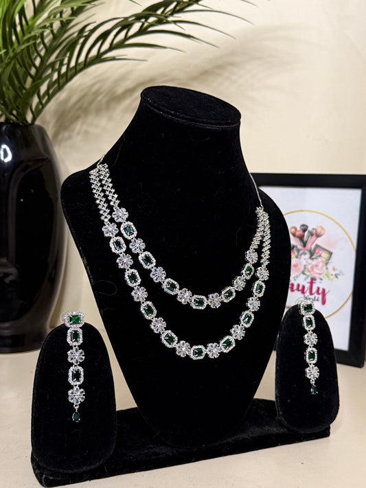 Double Layer AD Necklace + Earrings (Emerald Green) (FLAT 50% OFF RIGHT NOW)