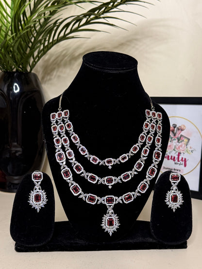 Triple Layer Rani AD Necklace + Earrings (Ruby) (FLAT 50% OFF RIGHT NOW)