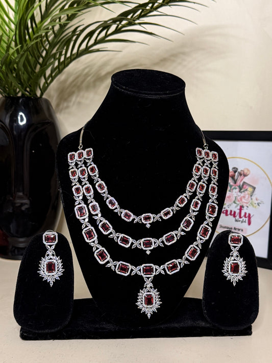 Triple Layer Rani AD Necklace + Earrings (Ruby) (FLAT 50% OFF RIGHT NOW)