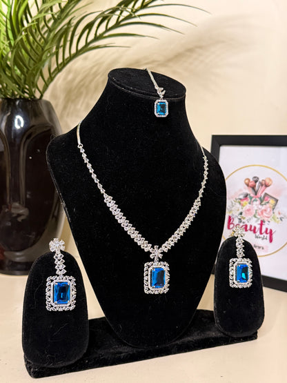 Selina AD Necklace + Earrings (Blue) (FLAT 50% OFF RIGHT NOW)