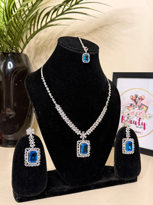 Selina AD Necklace + Earrings (Blue) (FLAT 50% OFF RIGHT NOW)