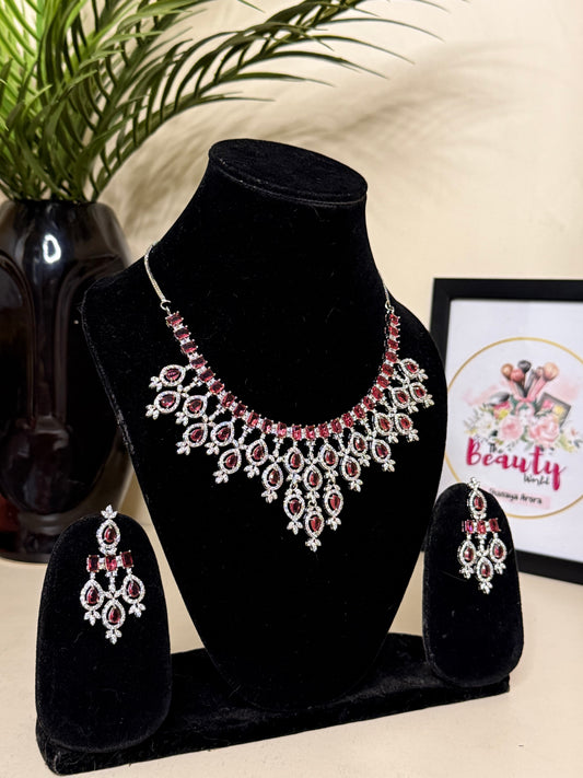 Kiara AD Necklace + Earrings (Ruby) (FLAT 50% OFF RIGHT NOW)