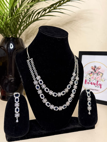 Double Layer AD Necklace + Earrings (Deep blue ) (FLAT 50% OFF RIGHT NOW)