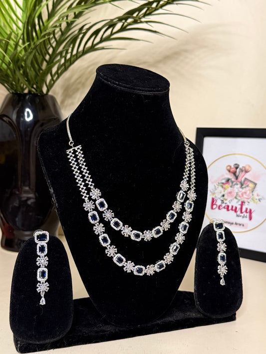 Double Layer AD Necklace + Earrings (Deep blue ) (FLAT 50% OFF RIGHT NOW)