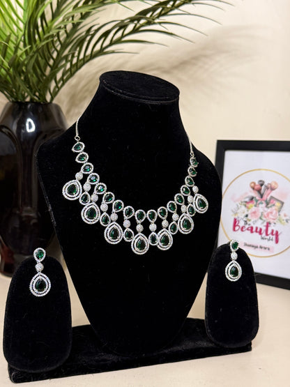 Lara AD Necklace + Earrings (Emerald Green) (FLAT 50% OFF RIGHT NOW)