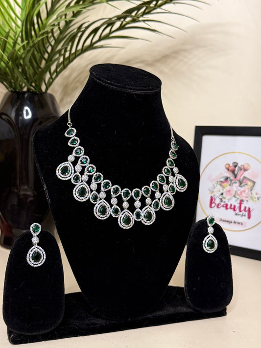 Lara AD Necklace + Earrings (Emerald Green) (FLAT 50% OFF RIGHT NOW)