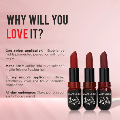 Mattlook Date me Long Stay lipstick, Each Pieces 3.8gm, Pack of 3